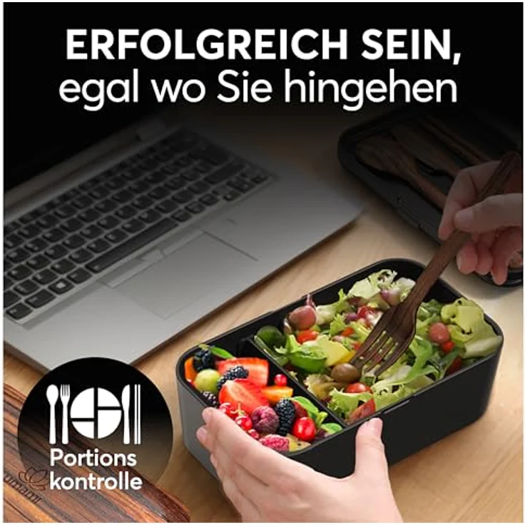 UMAMI Bento Lunchbox für Erwachsene, auslaufsichere Brotdose mit Besteck und 2 Saucenbehältern, Fächer für Meal Prep, ideal für Salat und Snacks – Bild 2