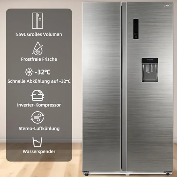 CHiQ KMRF630NESE Side by Side No-Frost Kühl-/Gefrierkombination mit 356 Liter Kühlfach, 203 Liter Gefrierfach und Wasserspender im Premium Dark Inox Look – Bild 4
