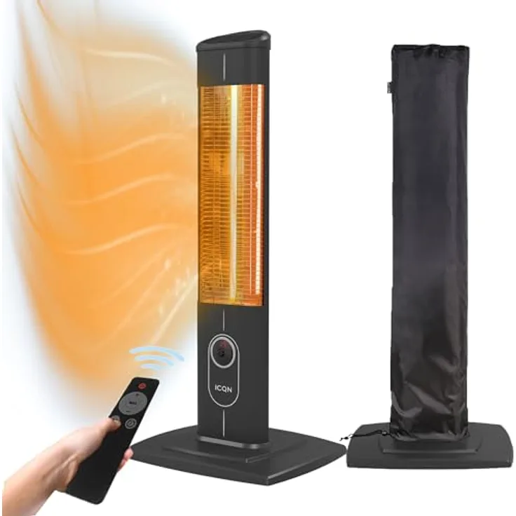 ICQN 2300 W Stand Heizstrahler mit Wasserdicht Schutzhülle, 4 Heizstufen mit Fernbedienung, Kohlenstoff Infrarotstrahler für Innen- & Außenbereich, Terrassenstrahler, Aluminium, Balkon