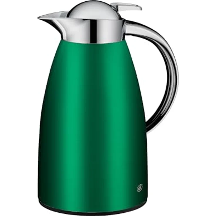alfi SIGNO 1.0l Satin Grün, Edelstahl-Isolierkanne mit hygienischem Hartglaseinsatz, Drehverschluss mit Drucktaste, ergonomischer Griff, einhändig bedienbar, ideal für Kaffee und Tee – Bild 1