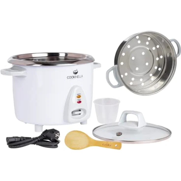KeMar Kitchenware Reiskocher KRC-200, 500 W, Edelstahl Innentopf, Glasdeckel, 1,4 L Kapazität, inkl. Bambuslöffel, Weiß – Bild 8