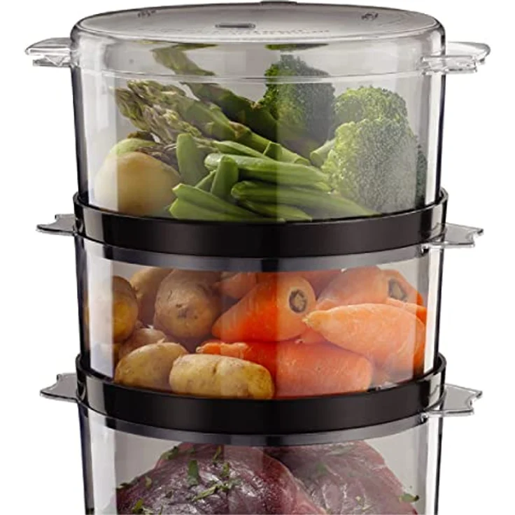 Russell Hobbs Dampfgarer [klein] 7,0l (60 Minuten Timer + Abschaltautomatik, 3 spülmaschinengeeignete Dampfgarbehälter + Reisschale / Reiskocher, BPA frei) Dampfkocher Compact 26530-56 – Bild 2