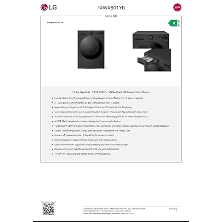 LG F4WX801YB, Frontlader Waschmaschine, 11 kg, A, 71 dB, 1350 RPM, Inverter Direct Drive, TurboWash 360°, AI Wash, Steam Technologie – Bild 7