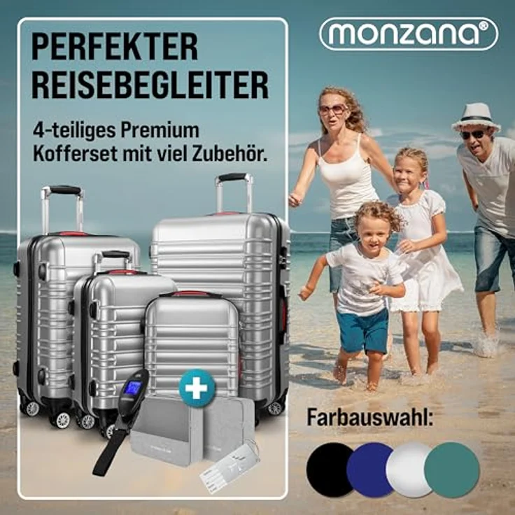Monzana 4tlg Kofferset Hartschale Silber, mit Zwillingsrollen und Teleskopgriff – Bild 2