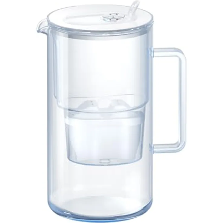 AQUAPHOR Glas-Wasserfilterkanne Weiß inkl. 1 MAXFOR+ Filter I Karaffe im Glas Design mit leicht befüllbaren Klappdeckel I Reduziert Kalk, Chlor & Mikroplastik I Eleganter Wasserfilter 2,5l