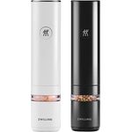 ZWILLING ENFINIGY Elektrische Salz- & Pfeffermühle mit Keramikmahlwerk & LED Beleuchtung, Aufladbar per USB, 2-teiliges Set: Schwarz & Weiß