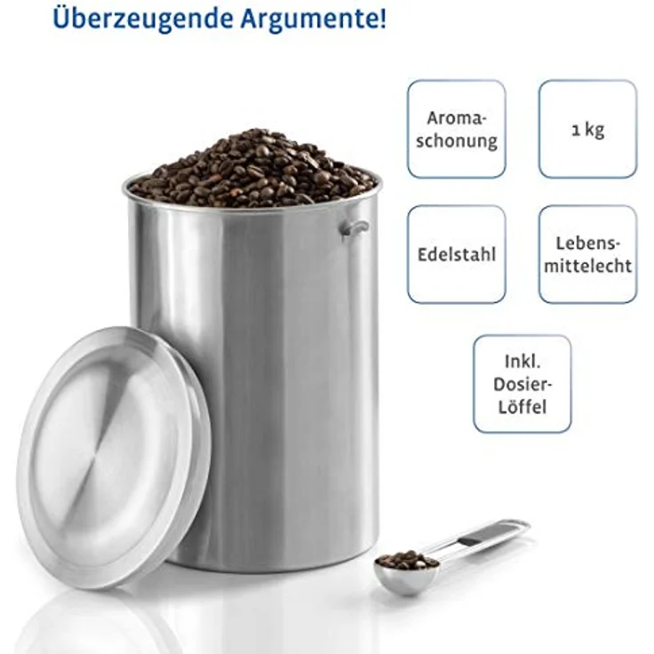 Xavax Kaffeedose mit Dosierlöffel (luftdichte Aromadose für 1kg Kaffeebohnen, Kaffeebehälter aus Edelstahl, Vorratsdose zur Aufbewahrung von Bohnen) silber – Bild 2