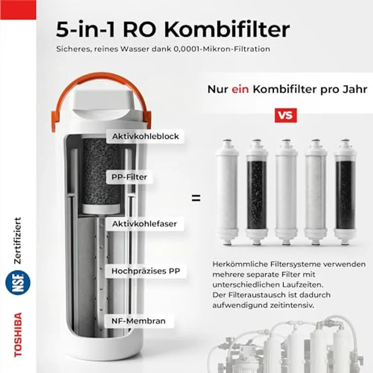 Toshiba Auftisch Osmoseanlage, Wasserfilter für Trinkwasser mit 5-in-1 Filter, UV-Sterilisation, heißem Wasser, NSF-zertifiziert, grau – Bild 6
