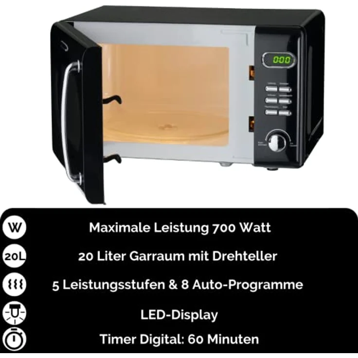 PKM WOLKENSTEIN Mikrowelle WMW720, Retro, Standgerät, 700 Watt, schwarz, 20 Liter Garraum, 8 Automatik-Programme, Drehteller, 60 Min Timer, Kindersicherung – Bild 2