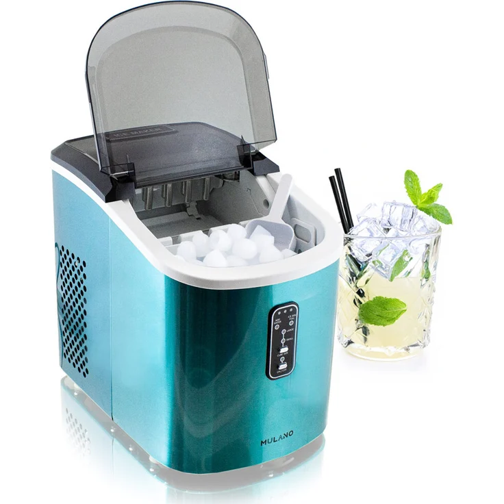 Mulano Design Eiswürfelmaschine MS-17107, Edelstahl Blau, für 10-12 kg Eis/Tag, 2 wählbare Eiswürfelgrößen, 6-13 Minuten pro Ladung