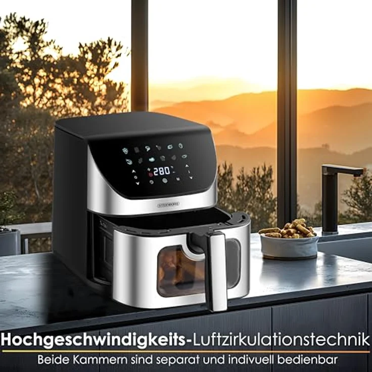 Steinborg Heißluftfritteuse 8 Liter 4 in 1 Sichtfenster Mini Backofen Grillen Backen Dörren Frittieren Heissluftfritteuse Friteuse ohne Öl Air Fryer Heißluftofen Heißluftgrill Fritteuse Dörrautomat, 1700 Watt, 60-200°C, 60 min Timer, Antihaftbeschichteter Frittierkorb, Automatische Abschaltung – Bild 5
