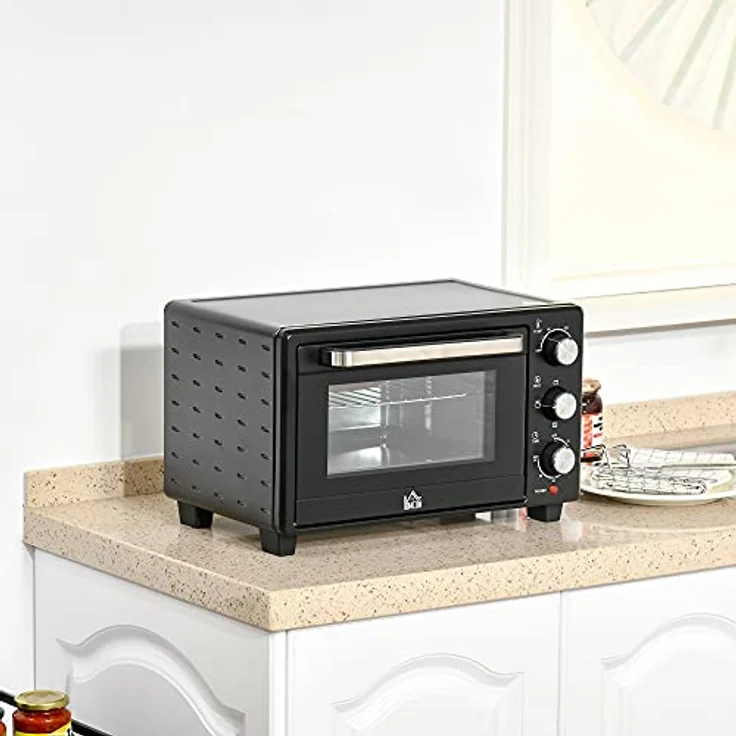 HOMCOM Minibackofen 21L mit 1 Drahtgestell und 1 Backblech 3 Kochmodi 100 °C-230 °C einstellbare Temperatur Miniofen 1400W Pizzaofen mit Grillrost Edelstahl Glas Schwarz+Silber – Bild 2