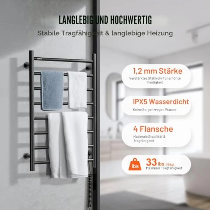 VEVOR Handtuchtrockner Heizkörper Handtuchwärmer, 8 Stangen, wasserdicht mit Timer und LED-Anzeige, 5 Temperaturstufen, Wandmontage, Schwarz – Bild 4