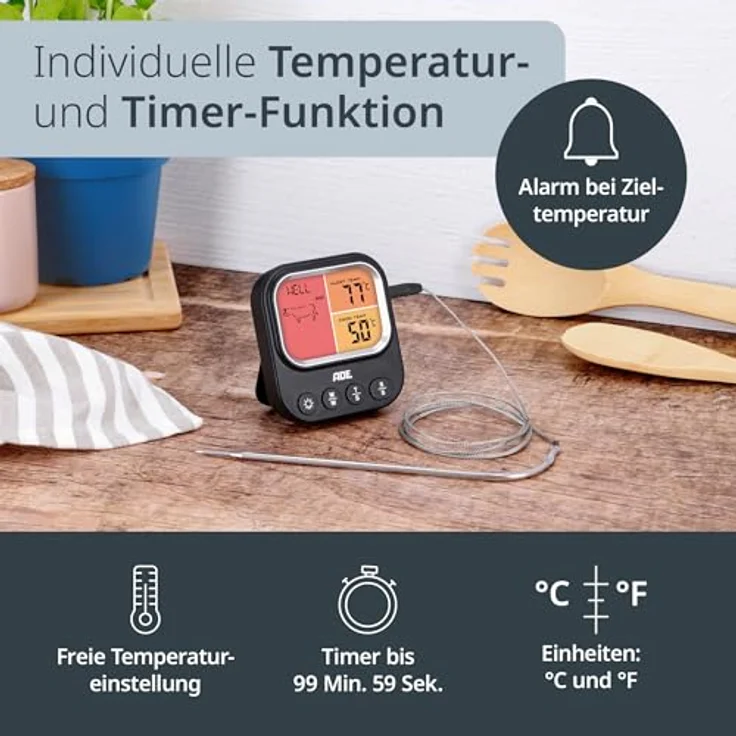 ADE Digitales Fleischthermometer mit 1 Sonde, Bratenthermometer bis 250 °C, ideal für Ofen, Grill und Airfryer, präzise Kerntemperaturmessung für 8 Fleischsorten, Timerfunktion, magnetische Befestigung – Bild 3