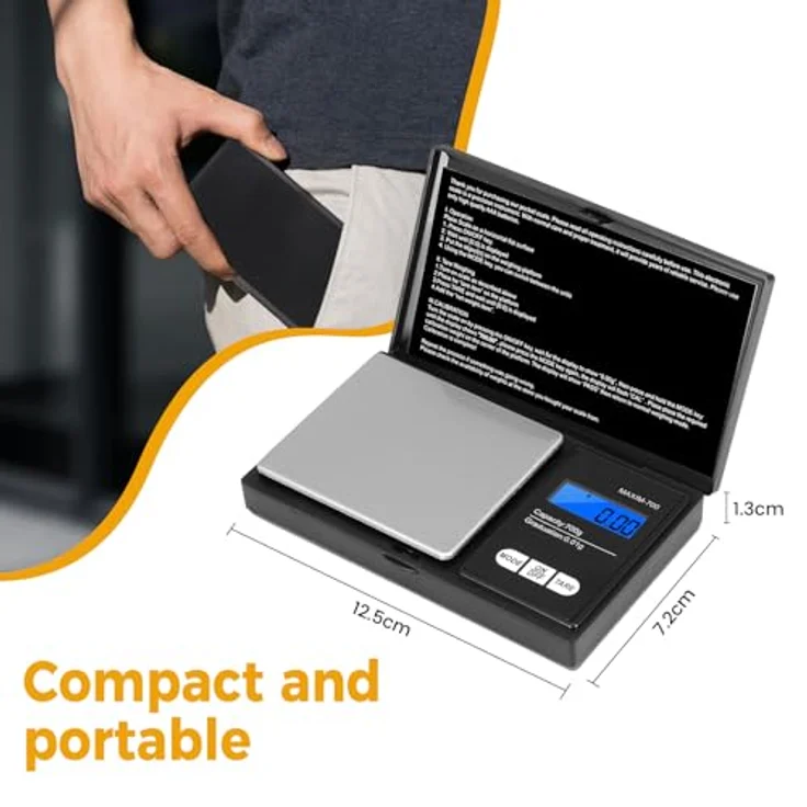 Oderra Feinwaage 700g x 0,01g, Tragbare Schmuckwaage mit LCD-Display und 7 Maßeinheiten, inkl. 2 Batterien, Edelstahl-Plattform – Bild 3