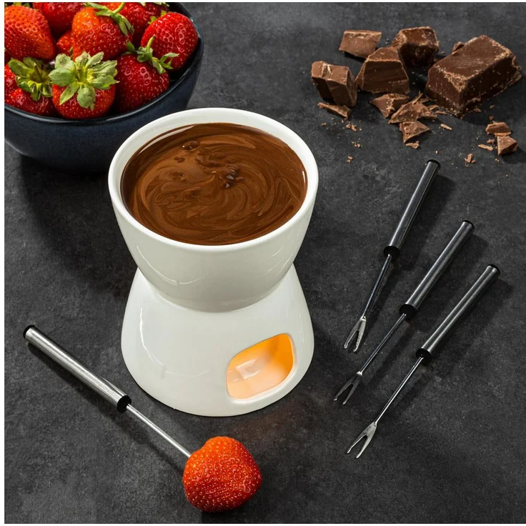 HI Schokoladen Fondue-Set aus Porzellan, 10,3 x 10,3 x 13cm, inkl. Schüssel, Standfuß und 4 Edelstahl Fondue Gabeln