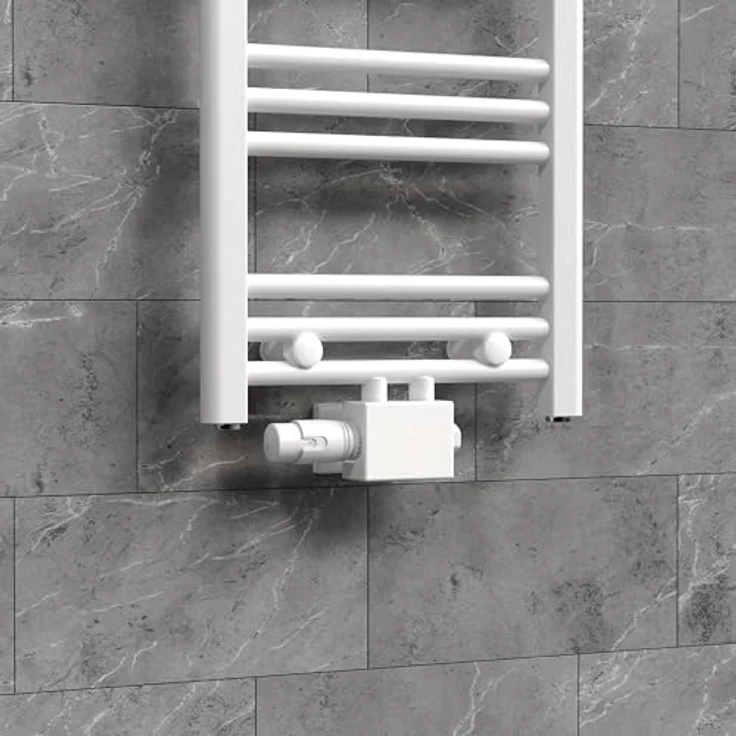 LuxeBath Ventil-Armaturen Set Multiblock Weiß, Universal Eck- und Durchgangsform mit Thermostatkopf für Badheizkörper, 50mm Mittelanschluss – Bild 2