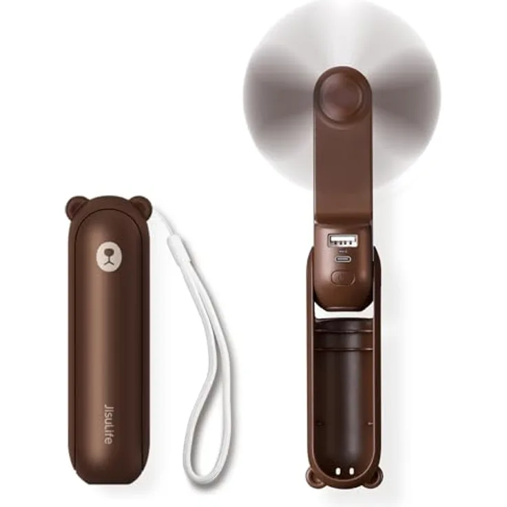 JISULIFE Mini Handventilator 3-in-1, wiederaufladbar mit Powerbank und Taschenlampe, 12-19 Stunden Laufzeit, tragbar für Reisen/Sommer, Braun