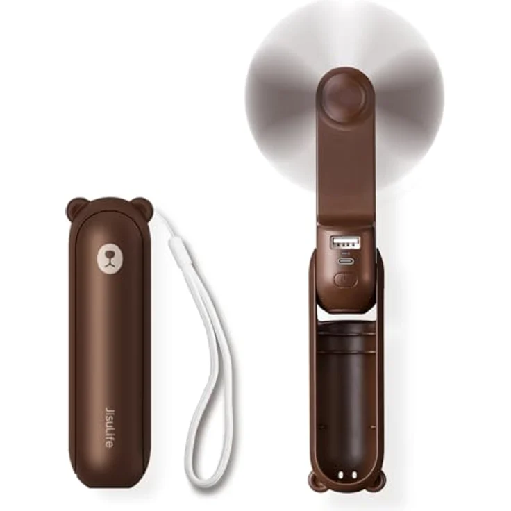 JISULIFE Mini Handventilator 3-in-1, wiederaufladbar mit Powerbank und Taschenlampe, 12-19 Stunden Laufzeit, tragbar für Reisen/Sommer, Braun – Bild 1