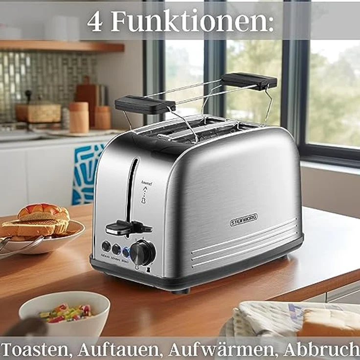 Edelstahl Toaster mit Brötchenaufsatz | Toaster 2 Scheiben | Doppelschlitz Toaster | 7 Stufen | 4 Funktionen| Toastautomat | Krümelschublade – Bild 5