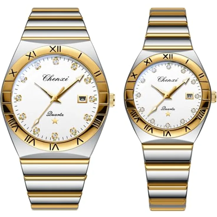 JewelryWe Paar Uhren Leuchtende Partneruhr, 30m Wasserdicht, Kalender Analog Quarz, Edelstahl Band, Weiße Zifferblätter mit Römischen Ziffern und Strassskala, 2er Set