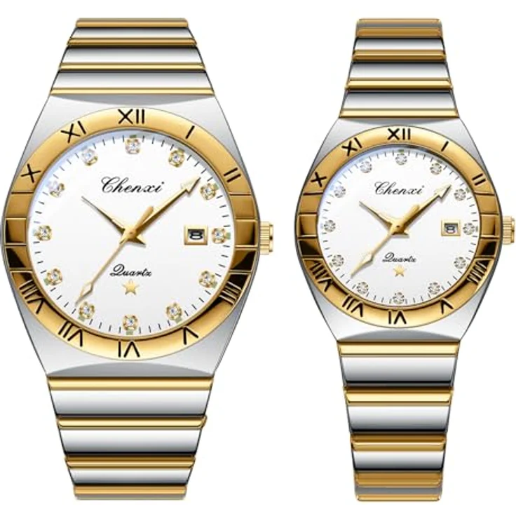 JewelryWe Paar Uhren Leuchtende Partneruhr, 30m Wasserdicht, Kalender Analog Quarz, Edelstahl Band, Weiße Zifferblätter mit Römischen Ziffern und Strassskala, 2er Set – Bild 1
