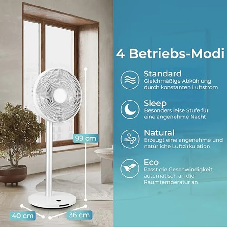 KLAMER Silent Ventilator, extra leiser DC Designventilator mit Fernbedienung, 12 Geschwindigkeitsstufen von lau bis turbo, Standventilator, Schlaf- & Eco-Modus, 8h Timer, autom. 90° Oszillation, weiß – Bild 3