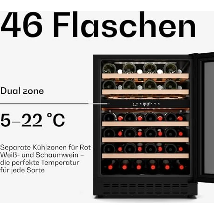 Klarstein JCF-145S Velaire Weinkühlschrank, 46 Flaschen, 2 Zonen, UV-Schutz, Holzlagerböden, leise, ideal für Sammler – Bild 4
