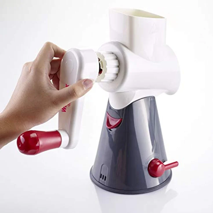 Westmark Reibemaschine mit 3 Schneidtrommeln, Trommelreibe--hobel, Großer Saugfuß, Höhe: 26,5 cm, Kunststoff-Rostfreier Edelstahl, Scharfe Herta, Weiß-Dunkelgrau-Rot, 97022260 – Bild 6