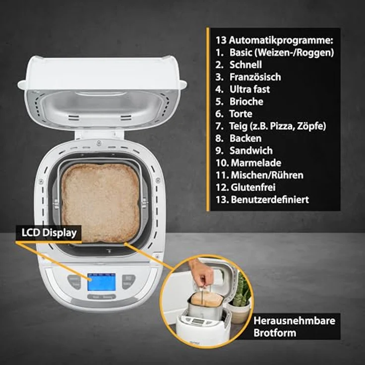 TZS First Austria multifunktionaler Brotbackautomat |13 Programme|individuelle Teigmenge |einstellbare Bräunungsgrade|Timer |Warmhaltefunktion |automatische Abschaltung |inklusive Zubehör – Bild 5