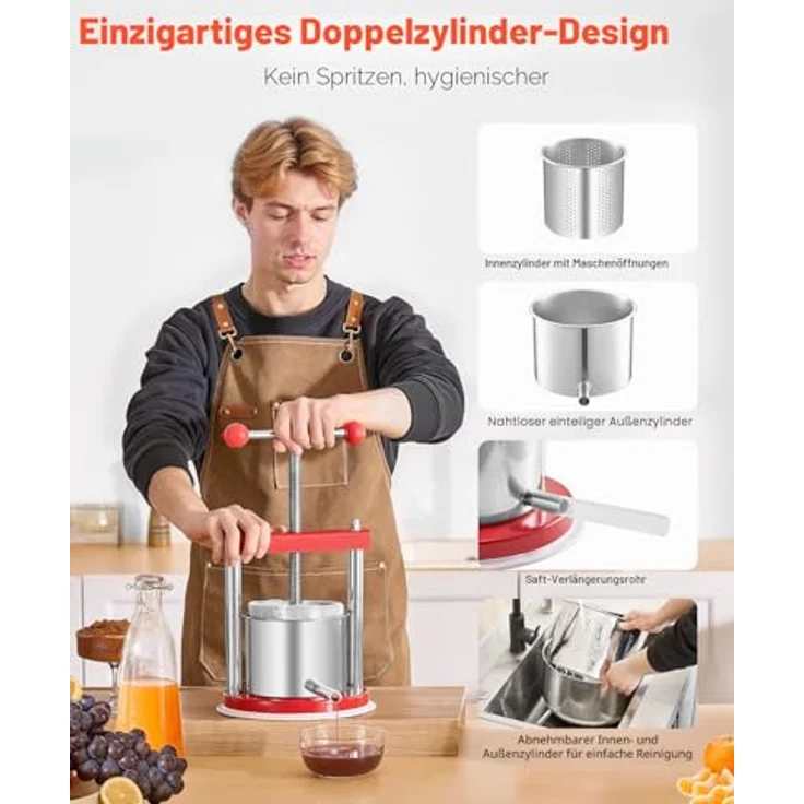 VEVOR Obstweinpresse Apfelmühle (1,65 L) mit 2 Edelstahlfässern, manueller Entsafter und robustem Design für gesunden Saft – Bild 5