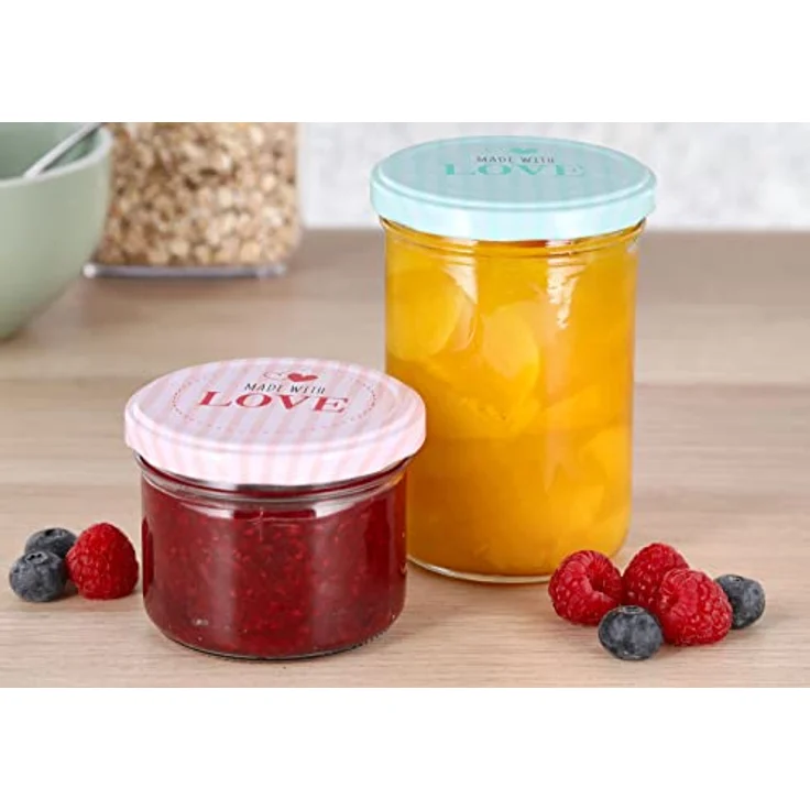 Spetebo Marmeladenglas 6er Set mit bedrucktem Metall Deckel, rosa und grün, 230 ml, spülmaschinengeeignet – Bild 4