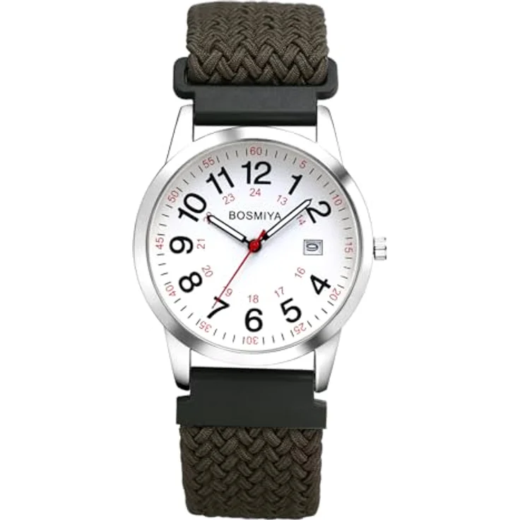 JewelryWe Geflochtene Elastische Damenuhr/Herrenuhr, Analog Quarz mit Kalender, grünes Gewebtes Stretcharmband, großes Zifferblatt mit 12/24 Stunden und Datumsanzeige – Bild 1