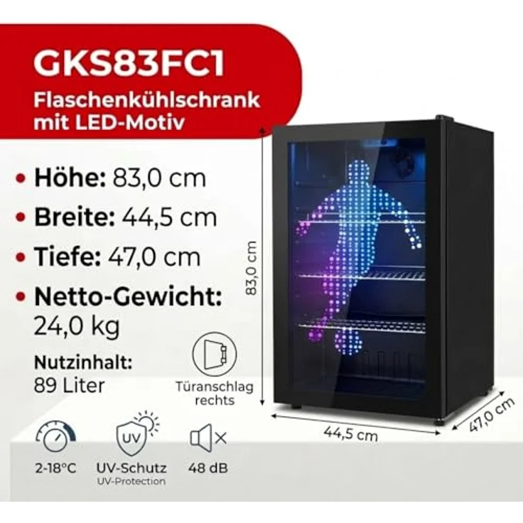 PKM GKS83FC1 Flaschenkühlschrank, 89 Liter, Touch Control, Umluft-Kühlung, blaue LED-Beleuchtung, Schwarz – Bild 3