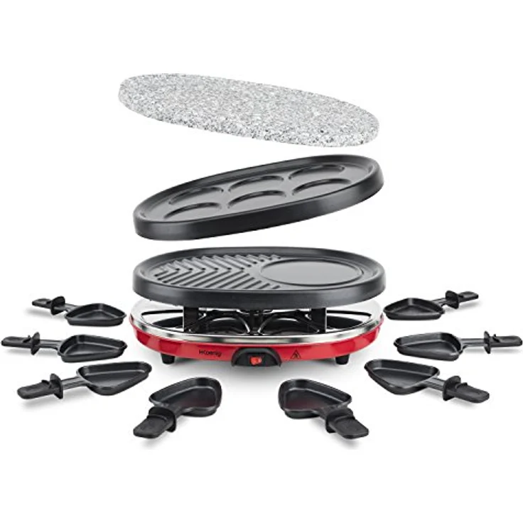 H.Koenig RP412 Raclette-Gerät 4 in 1 - 8 Personen - Raclette, Natursteingrill, Crepe-Platte und Grillplatte - mit 8 Pfännchen - 900 W - schwarz-rot – Bild 2