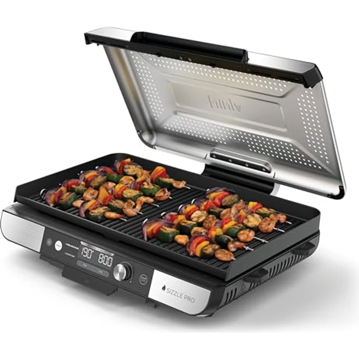 Ninja Sizzle Pro XL Indoor-Grill & Plancha, 1150 cm² Kochfläche, Antihaft-Keramikbeschichtung, abnehmbarer Deckel, Silber/Schwarz GX101EU – Bild 1