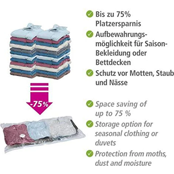 WENKO Vakuum Aufbewahrungssystem 135 x 90 cm, Vakuum Aufbewahrungsbeutel aus transparentem Polyethylen, platzsparend bis zu 75% – Bild 4