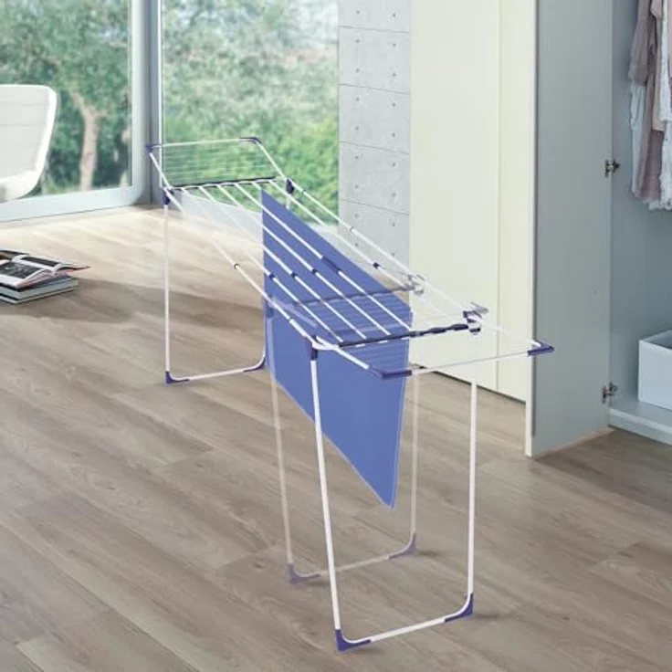Leifheit Wäscheständer Classic Extendable 230 Solid, auf eine Breite von 184 cm ausziehbar, Standtrockner mit 23m Trockenlänge, stabiler Wäschetrockner mit extradicken XL-Stäben, weiß, blau – Bild 2