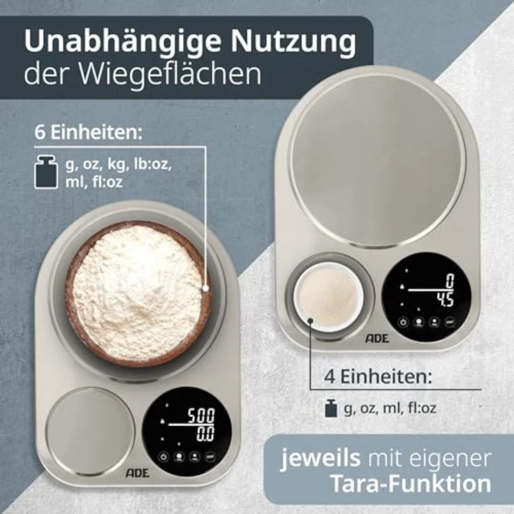 ADE Küchenwaage digital 5kg/1g & 500g/0,1g, duale Präzisionswaage mit Edelstahloberfläche, ideal zum Brot backen und Kaffeewaage – Bild 3
