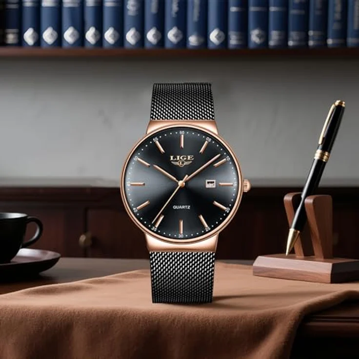 LIGE Ultra Kalender Herrenuhr, Analoge Quarz mit Rotgold Zifferblatt, Edelstahl Gitterband, 3ATM wasserdicht, Luxus Armbanduhr für Freizeit und Business – Bild 2