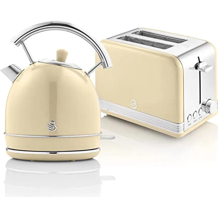 SWAN STP7050CNEU Retro Frühstücksset, Wasserkocher 1,8L kabellos mit Überhitzungsschutz und 2 Breitschlitz-Toaster in Vintage Creme