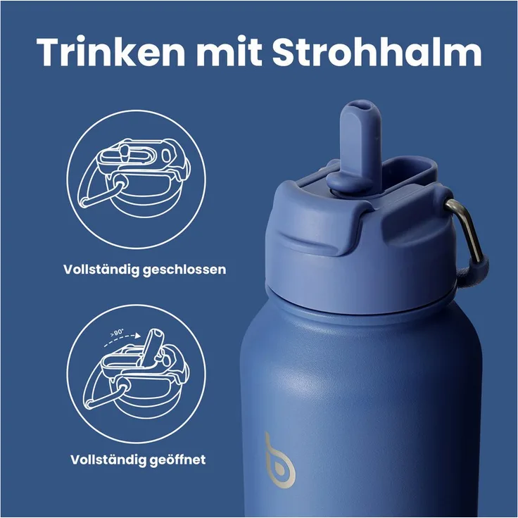 BOTTLE BOTTLE Trinkflasche Sport-Trinkflasche, Edelstahl, isoliert, 1L, blau, mit Strohhalm und Pillenhalter
