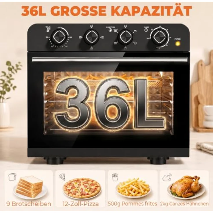 HOMCOM 36L Heißluftfritteuse Mini Backofen mit Umluft, Backblech, Rost, 1800 W, für Familienportionen – Bild 3