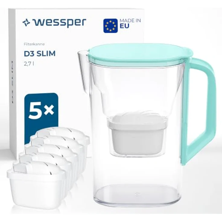 Wessper Wasserfilter Kanne, 2,7L mit 6 Aktivkohle-Filtern, Minze - für sauberes und schmackhaftes Trinkwasser – Bild 1