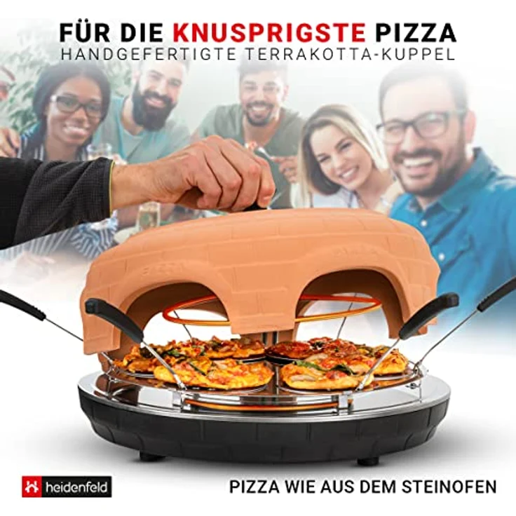 Heidenfeld Pizzaofen Pizzachef | Elektrischer Pizzaofen - 1100 Watt - Terracotta-Kuppel - Schnelle Backzeit - Raclette Backofen - Stahlplatte mit Pizzaschaufeln (Terracotta) - Preisvergleich – Bild 3