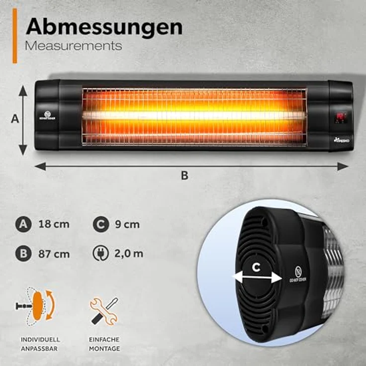 TRESKO Infrarot Heizstrahler 2500W mit Fernbedienung | Wärmestrahler Terrasse elektrisch mit 3 Heizstufen | Terrassenstrahler Innen & Außen | Wand-Infrarotstrahler mit LED-Anzeige Quarzstrahler - Preisvergleich – Bild 5