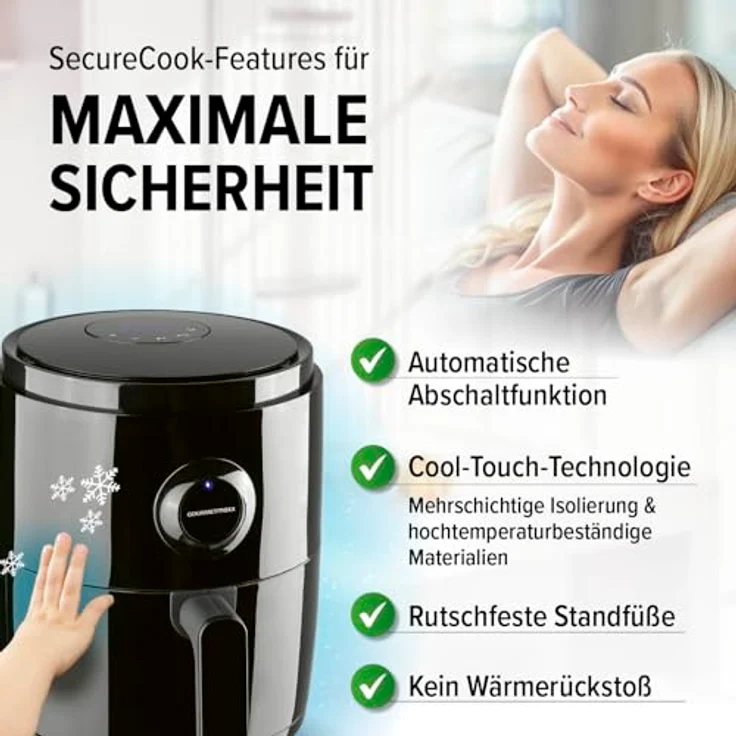 GOURMETmaxx Heißluftfritteuse, 1400 W, 3 Liter, ohne Fett, bis 200 °C, Timer, 6 Programme, Kunststoff, schwarz – Bild 6