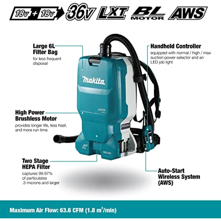 Makita Hand- und Stielstaubsauger Akku-Staubsauger LXT 18 V x 2, Staubsauger, Bodenstaubsauger, 6 l, 110 mbar – Bild 2