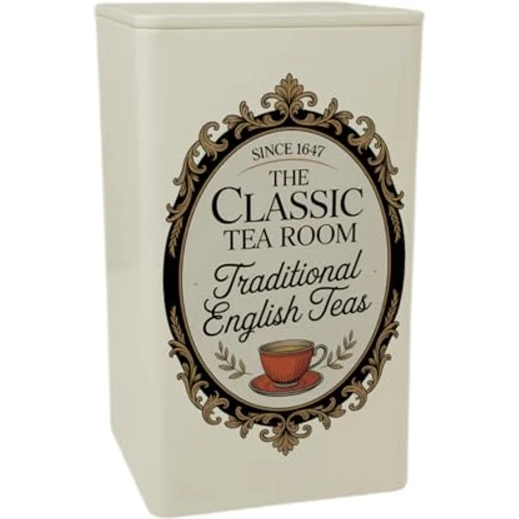 speecheese Traditional English Teas Teedose 900ml, Vintage Design mit rot-orange Teetasse und goldenen Barock-Ranken – Bild 1