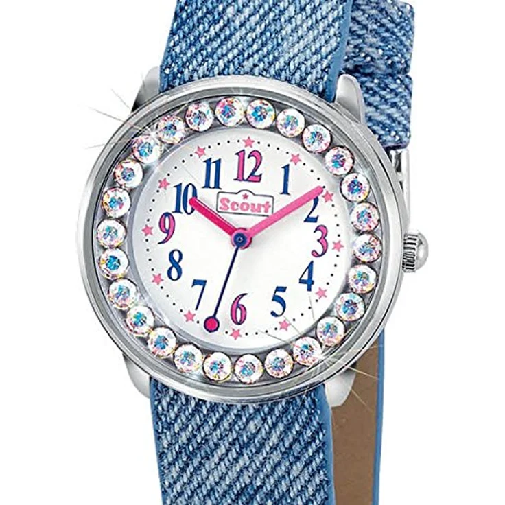 Scout Mädchen Analog Quarz Uhr mit Lederimitat Armband, 26 weißen Schmucksteinen und 5 Bar Wasserdichtigkeit, Jeansband – Bild 2